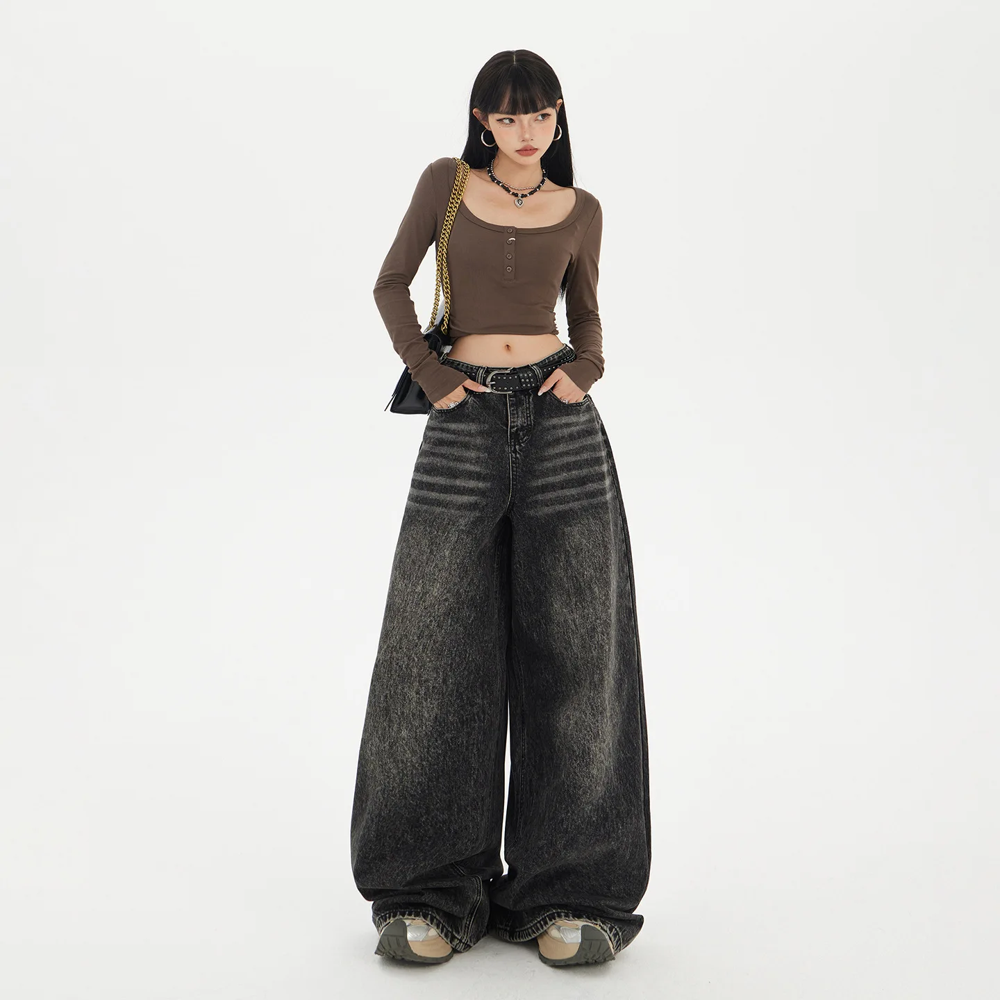 American Style Retro High Waist Loose Wide Leg Dark Denim Quick Dry Floor-length Women's Jeans Autumn Winter New Style