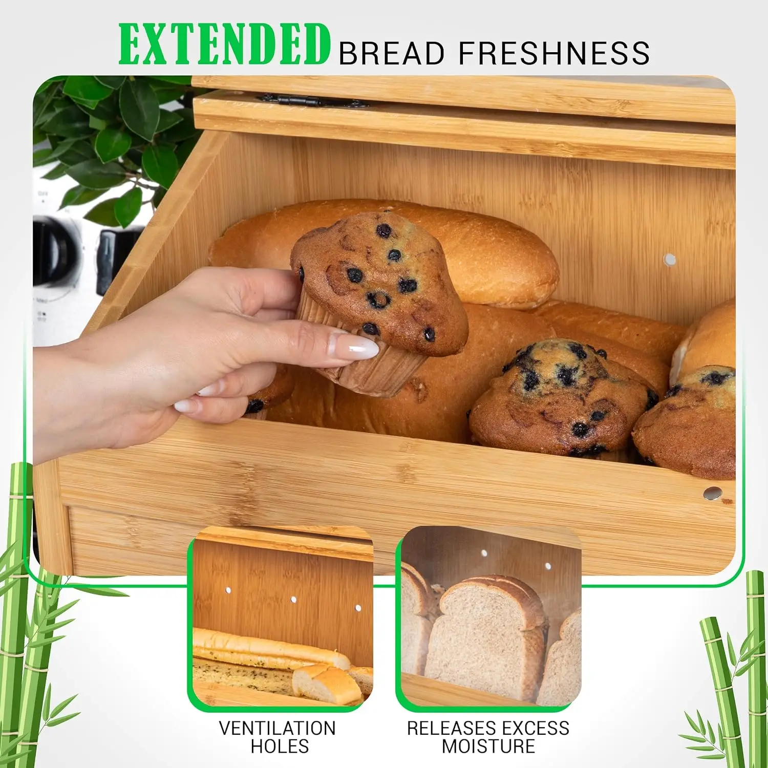 Large Kitchen Countertop Wooden Bamboo Bread Box With Novelty Design