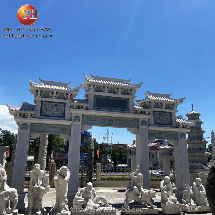 Temple Gate Tower Stone Carved Archway Chinese Tradition Landscape Garden Stone Arch With Dragon Relief Statue