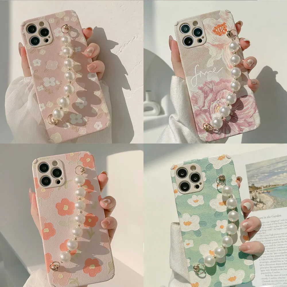 Chain Phone Case For Iphone X 7 8 10 11 12 13 14 15 Max Pro Plus Crossbody Oil Painting Flower Pearl Sjk180 Laudtec supplier
