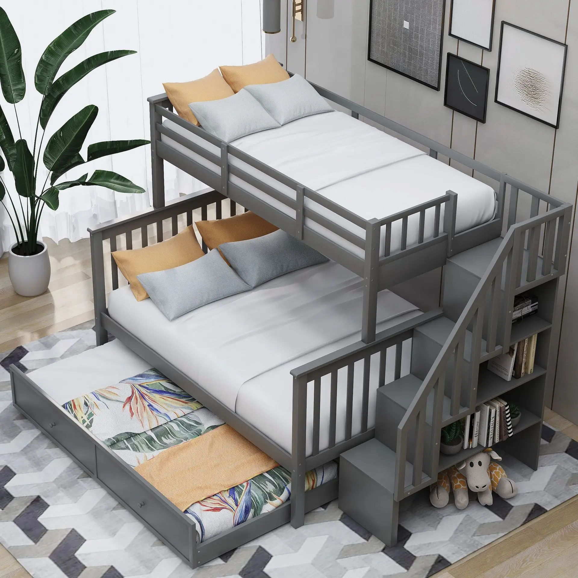 Modern Design Solid Wood Storage Children Three Bunk Bed Child Bed Triple Bunk Bed