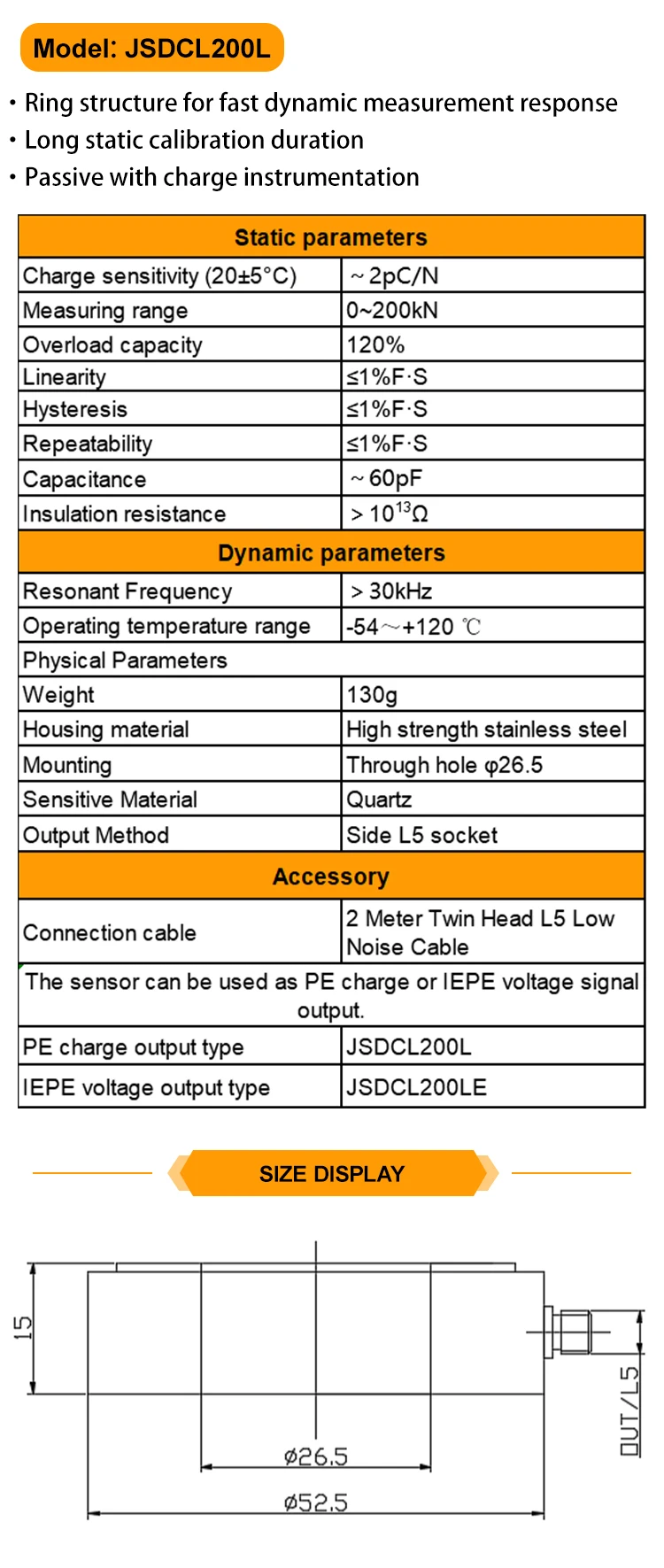 JSDCL200L Fast Response Circular One-Way Measurement Water Pressure Sensor Piezoelectric Force Sensor with Charge PE Signal factory