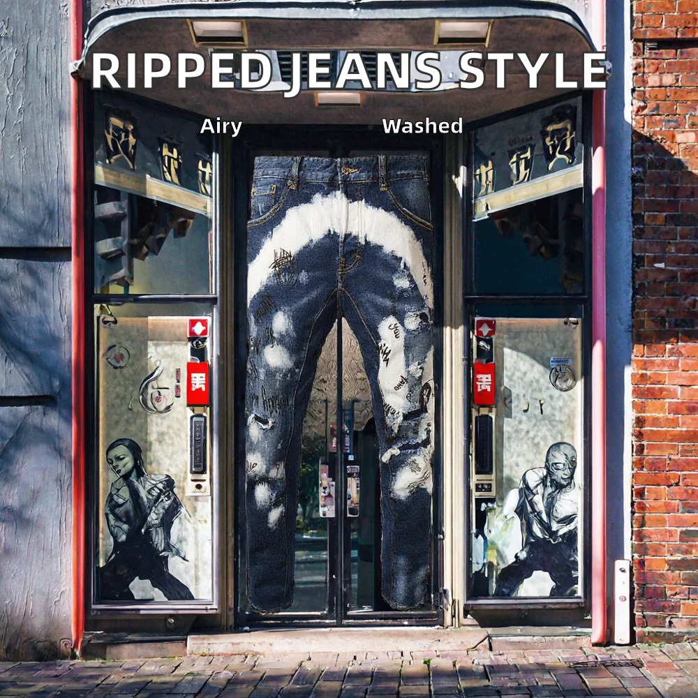 American Vintage Ripped Jeans Casual Stretch Slim-Fit Short-Legged Pants Denim Knitted Washed for Homeless Men Youth Winter