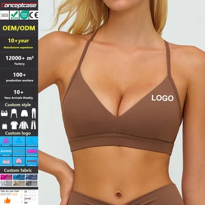 Custom Fabric Style Color Logo Quick Dry Brushed V Neck Yoga Bra Y Shaped Adjustable Sport Bra for Women Fitness Running Workout