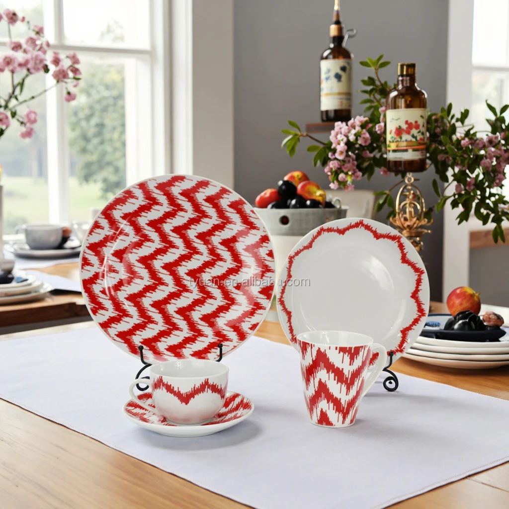 Factory Custom 12-Piece Ceramic Red Dinnerware Set New Round Dish Design for Weddings manufacture