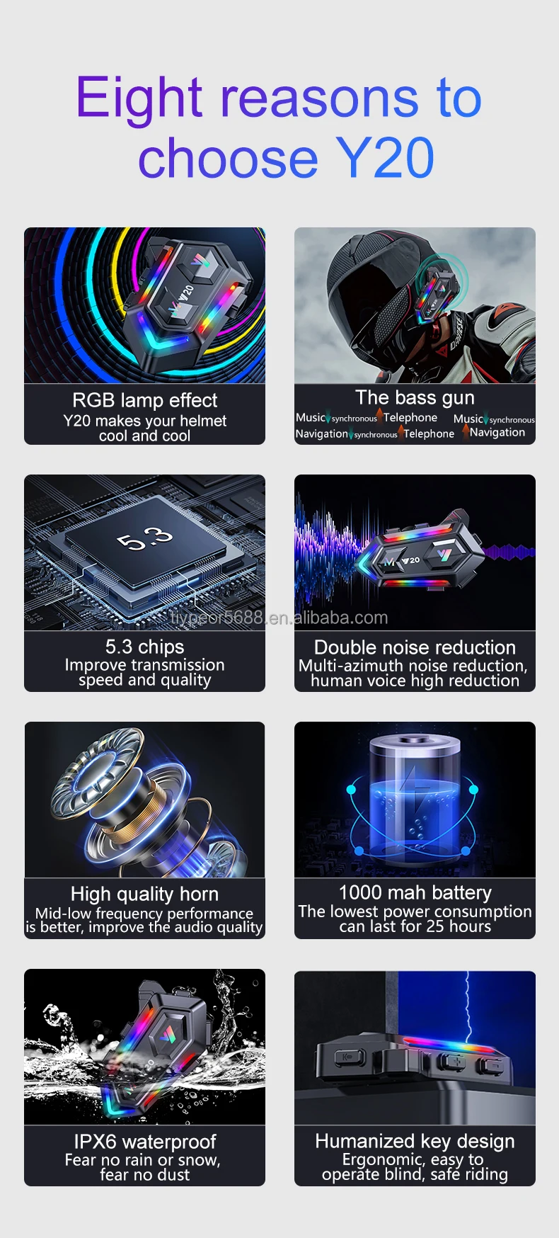 product tiypeor motorcycle helmet bt headset rider rgb colorful lights waterproof 1000mah music player communicator speakers-2