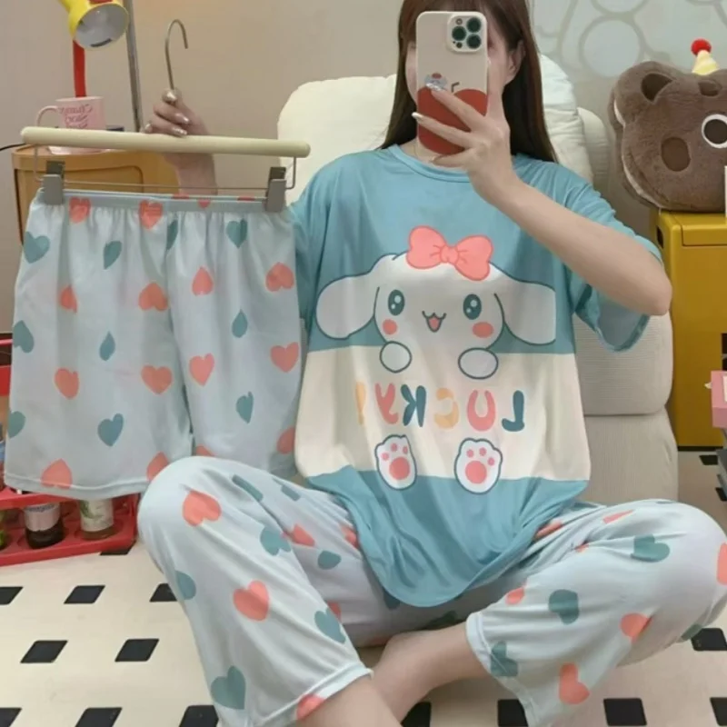 Women's 3 In1 Pajamas Cheap Short Sleeve Pant Shorts 3 Pieces Set Sleepwear Korean Soft Home Nightwear Cartoons Baju Tidur