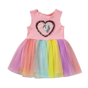 OEM Customized Sleeveless Summer Dress rainbow Chiffon Sequin Patches Birthdays Girls Dresses
