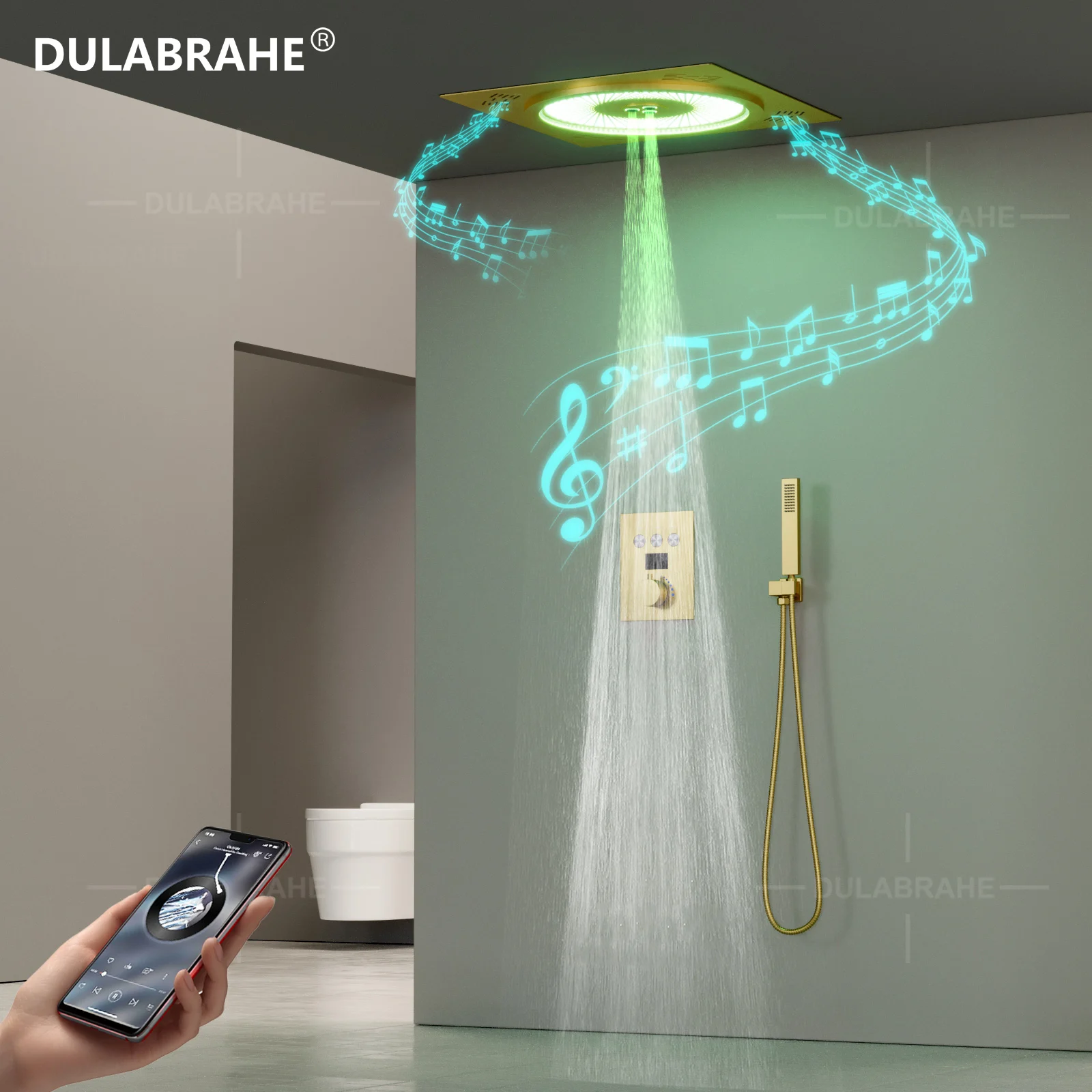 DULABRAHE Thermostatic Ceiling LED Rain Shower System Set Bathroom Brushed Gold 20 Inch Rainfall Shower Head With Music Sky City