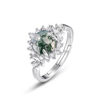 Europe and the United States new fashion green moss ring female S925 sterling silver inlaid aquatic grass agate ring