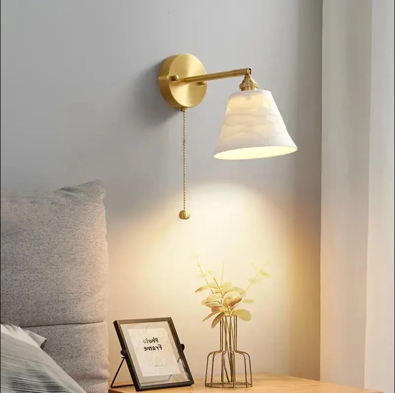 Brass Ceramic LED Wall Lamp Pull Switch Sconce Bedroom Bedside Interior Wall Light Home Decorative Lighting LED Wall Light