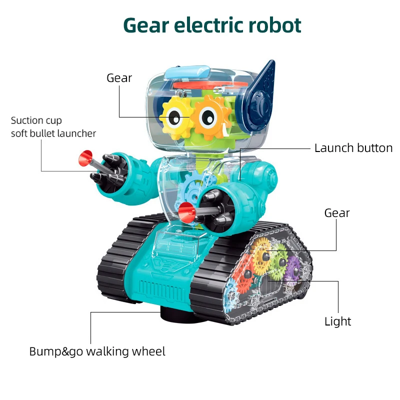 Arm Soft Bullet Shooting Universal Wheel Walking Light Transparent Gears Robot Toy for Kids