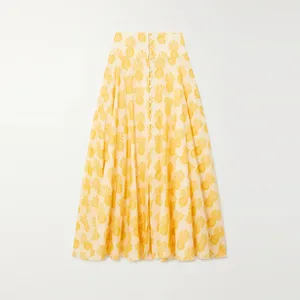 Clothing Manufacturer Custom Spring Autumn Yellow High Waist Elegant Casual Women Print Midi Satin Skirt