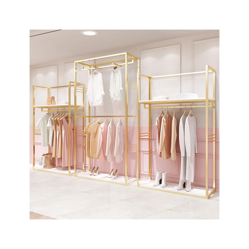 Custom Garment Store Boutique Heavy Duty Clothes Stand Metal Cloth Display  Stainless Steel Shiny Gold Clothing Rack for Shop