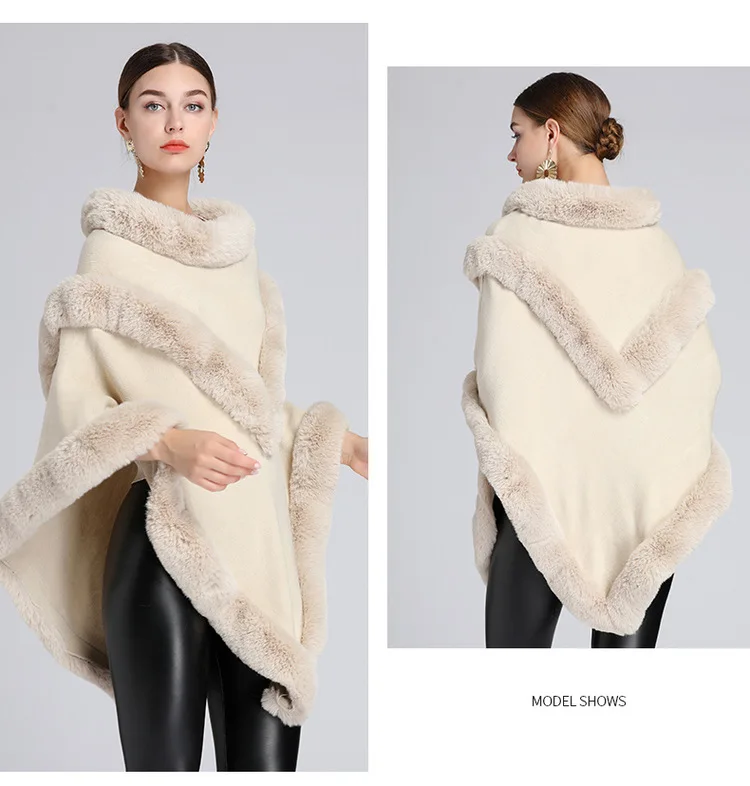 Hot Sale Winter Ladies Faux Rabbit Fur Double Trim Women Poncho Shawl ...