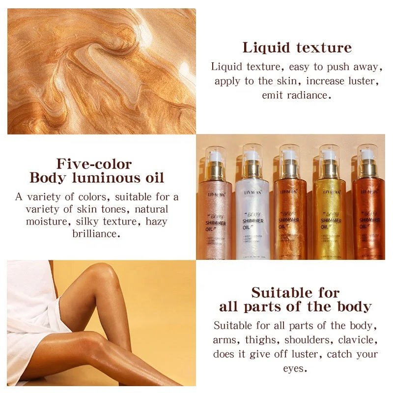 Private Label Custom Highlighter Makeup Bronzer Skin Glow Body Glitter Liquid Body Shimmer Oil
