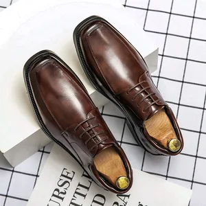 Men's Business Casual Square Toe Dress Shoes Strap Slip-On Oxford Footwear Height Increasing Breathable Rubber for Wedding