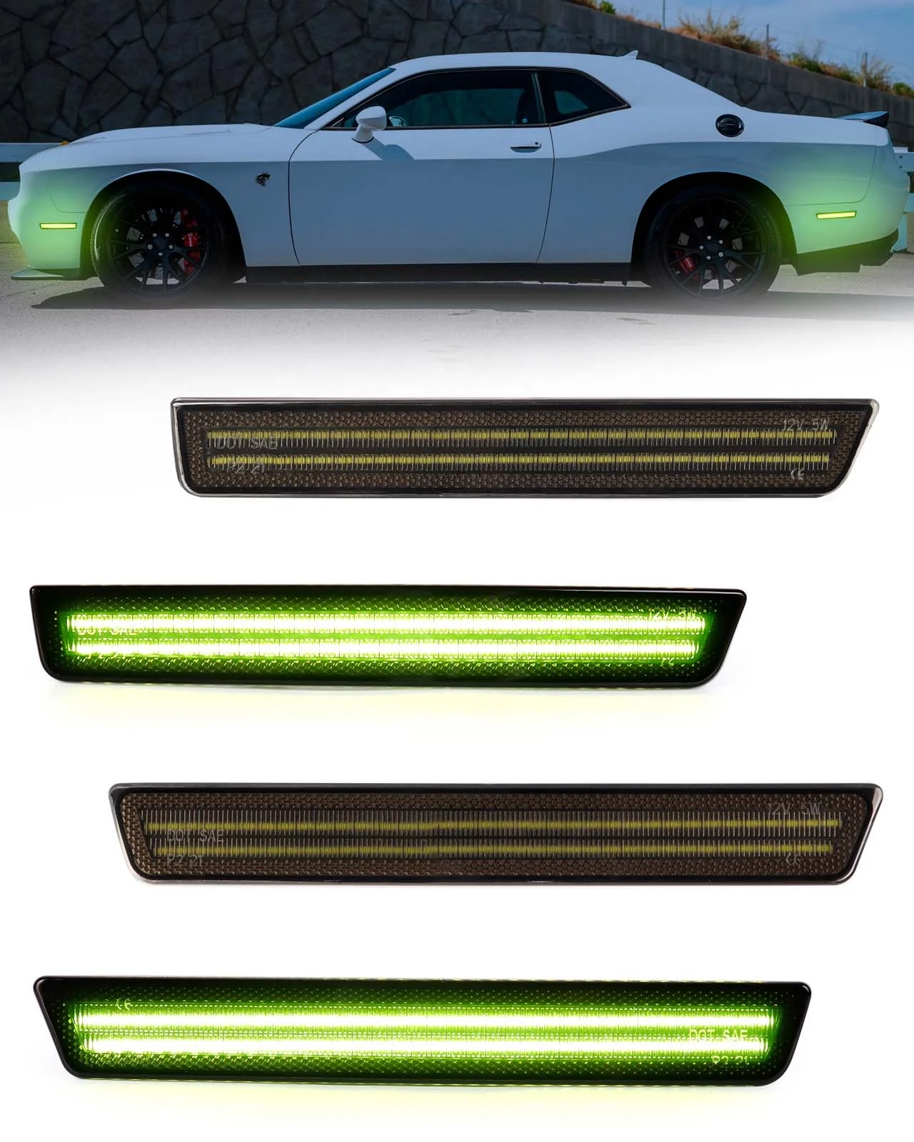 For Dodge Challenger SRT 18-22 Widebody Front Rear Smoked LED Side
