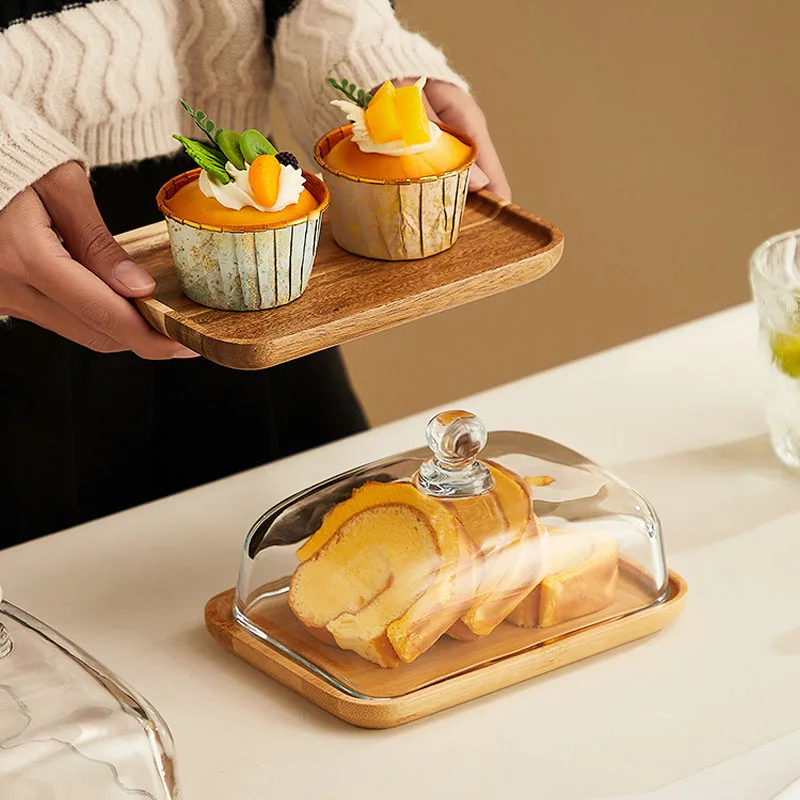 Clear Rectangle Cake Glass Cover With Tray Small Plate Wooden Cake Dish ...