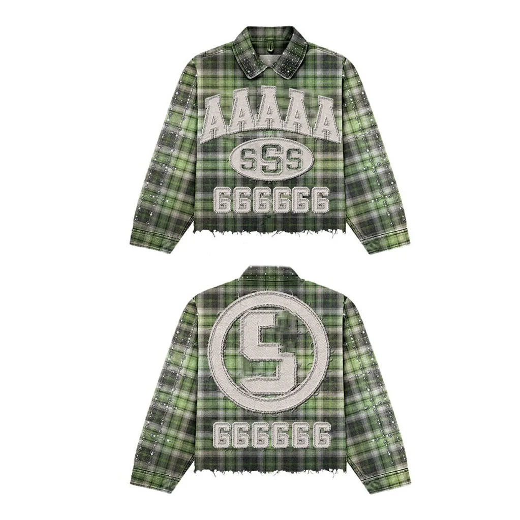 SALATI Custom Regular Fit Cropped Button up T-Shirt Long Sleeve Diamond Rhinestone Embroidery Distressed Check Cartoon Flannel gallery 8