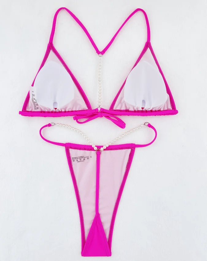 Stock 4colors Ties Front Pearls Thong Bikini Micro G-string Swimwear ...