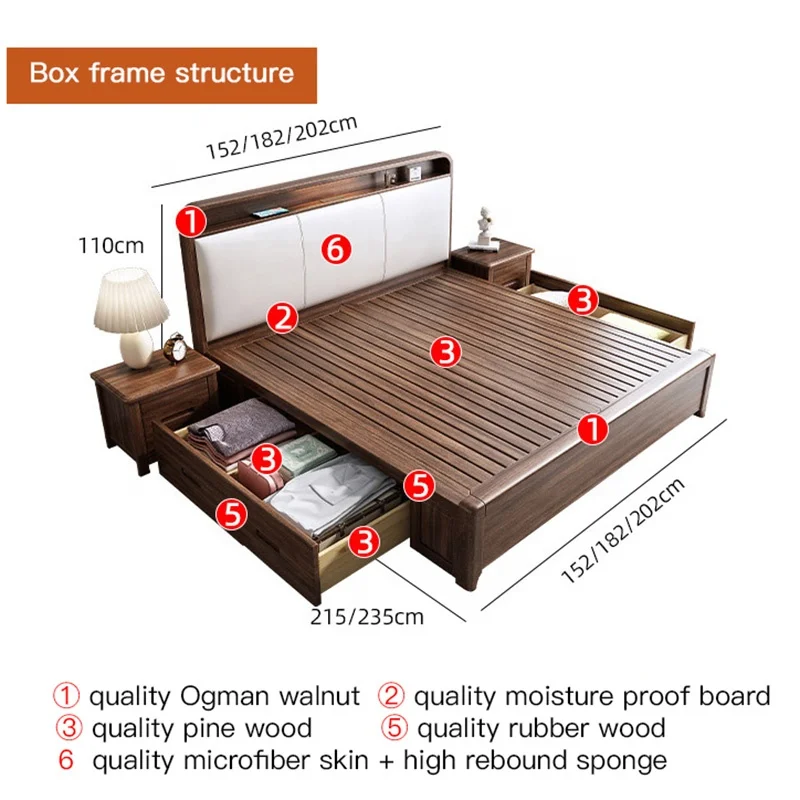 Modern Simple Designs Hot Sale Cheap Price Queen Size Walnut Solid Wood Double Beauty High Box Storage Wooden Bed