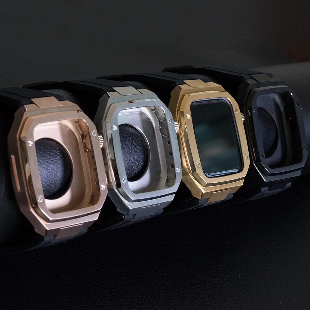 Modification Kit Metal case Watch Strap for Apple Watch Band 44mm Series7 6 45mm Stainless Steel Protective Rubber Watch Straps