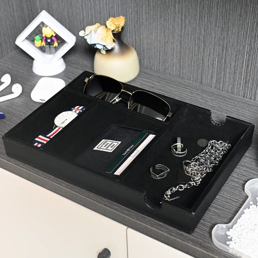 Valet Tray Men Jewelry Keys Watch Organizer Table Pu Leather Storage