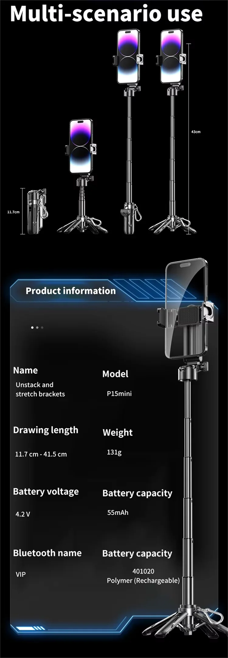 Portable Small Storage P15 mini Phone Stand Handheld Detachable Remote for Vlog Multifunctional Mini p15 Tripod Selfie Stick