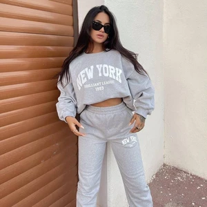 Warm Suit Autumn Winter Women Solid Set Elegant O-neck Pullover Hoodie and Pocket Trousers Two-Piece Set Lady Casual Loose Sets