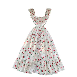 Sustainable Breathable Empire Printed Lace Dress for Women Spring Sweet Square Collar Tunic Casual Midi Dress Front Logo Woven