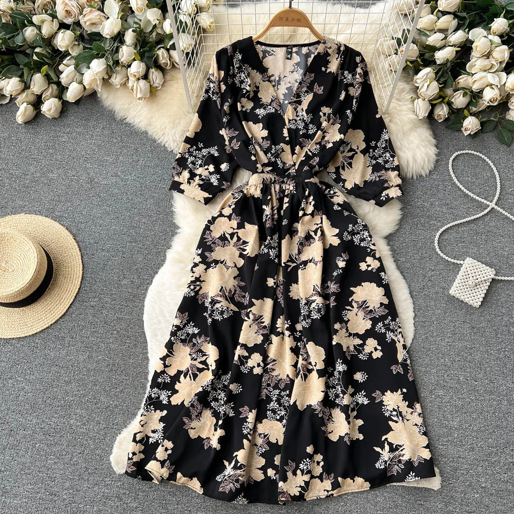 Summer New Floral Mid-sleeve Printed Chiffon V-neck Casual Dress - Buy ...