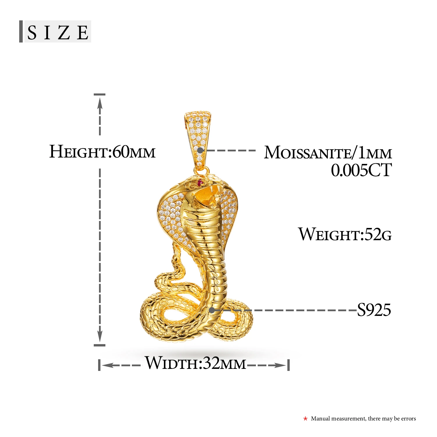 DonDon Ciondolo a forma di serpente da uomo, in acciaio inox, con pietra bianca, confezionato in sacchetto di velluto nero, Acciaio inossidabile, Zirconia cubica