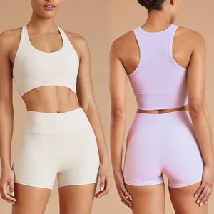 Custom Women Girls Stretchy Lightweight Padded Crop Top Vest Bra and Shorts Yoga Sets Sports Yoga Scrunch Shorts and Sports Bra