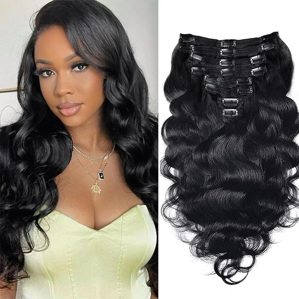 Body Wave Clip In extensões de cabelo humano 8 peças 120G cor natural 1B Remy cabelo humano para mulher_voghion.com