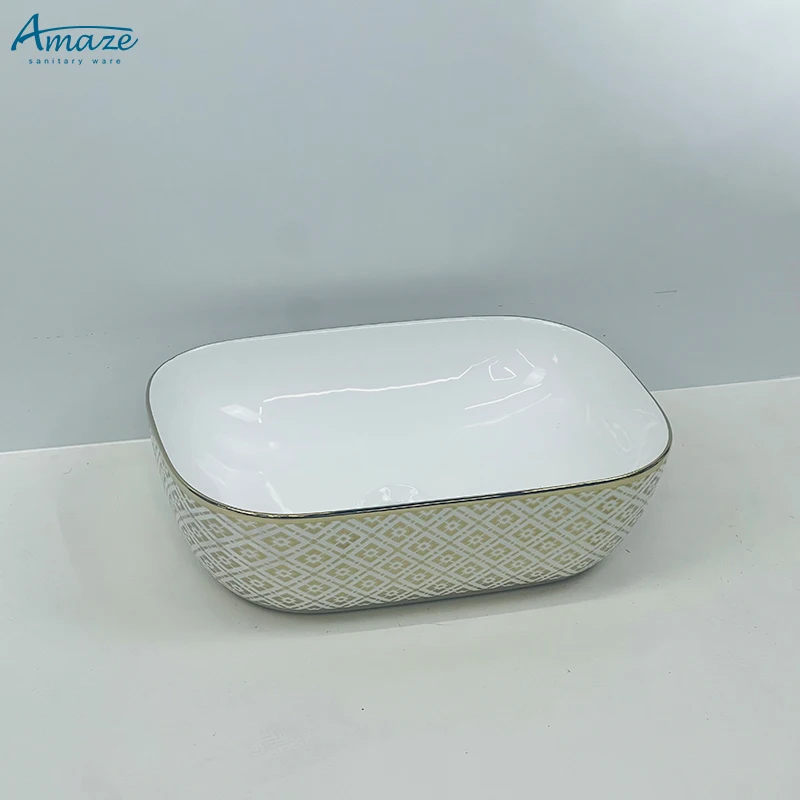 Good quality washroom wc sanitary ware white gold plating pattern ceramic lavabo counter top wash basin sink manufacture