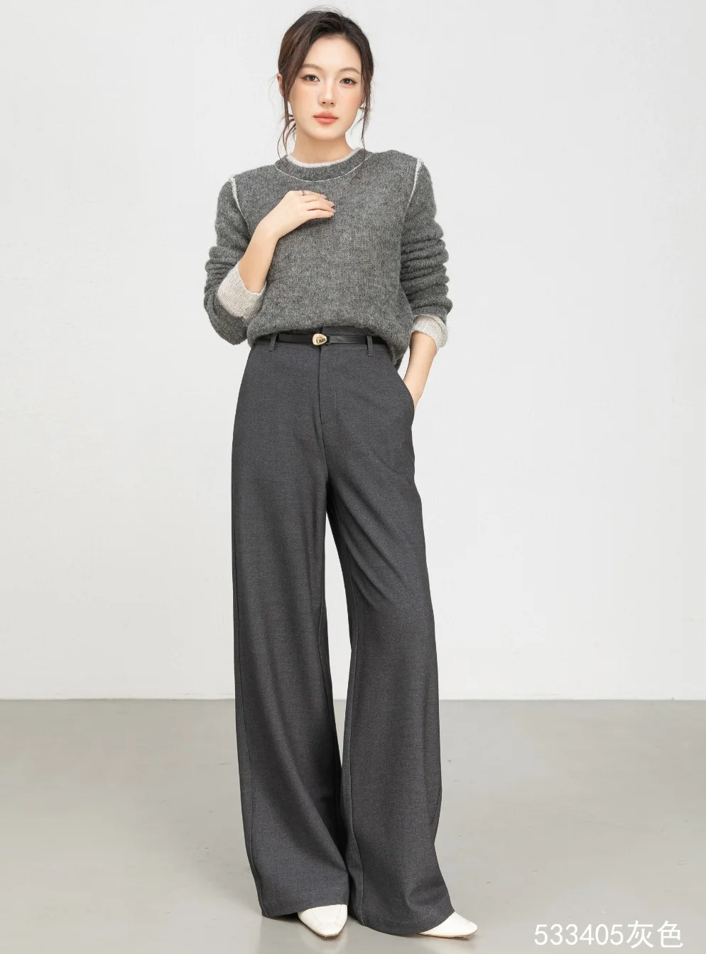 Lady's High-Waisted Wide-Leg Fall/Winter Office Pants-Breathable Plain Dyed Solid Color Long Straight-Leg Style for Women