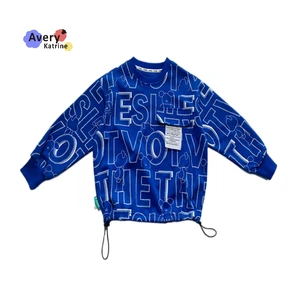 Autumn Boys Cotton T-Shirt with Long Sleeve Crew Neck Casual Travel Print Brand Label Washed Technique Plaid Pattern