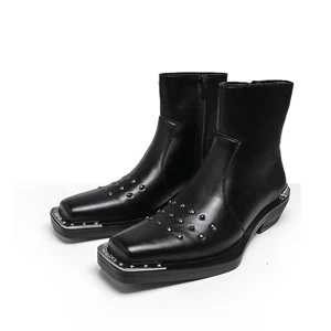 Men's Fashionable Chelsea Boots Square Toe Iron Head Design Height Increasing Ankle Leather Slip-On Shoes Autumn Winter Season