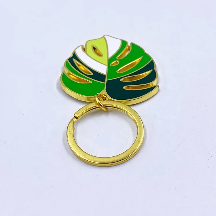 product nature green metal leaf key ring gold hard enamel monstera leaf keychain-3
