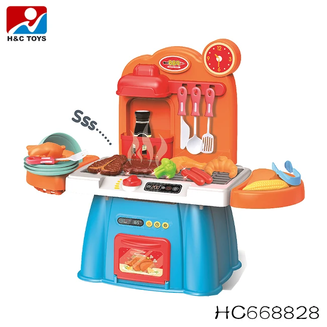 Children's Small Plastic Cooking Table with Music and Lighting Puzzle Kitchen Food Toys with 46 Accessories