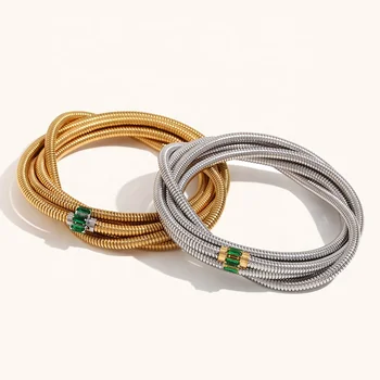 Dingran Bangle Unique Design Multi-Layered Snake Chain Green Zircon Bangles Waterproof 18K Gold Plated Jewelry Wholesale