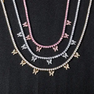 Female Cross-border Hip-hop Tennis Chain Necklace 4mm Single Row Zircon Small Pink Butterfly Accessory