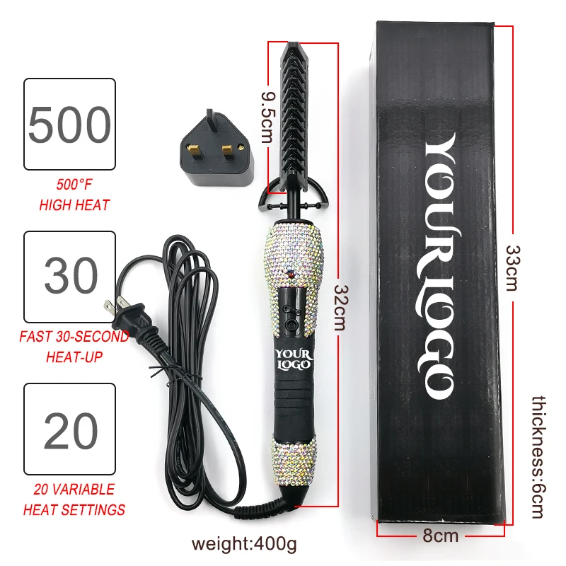 Professional 500F Bling Rhinestone Anti-Scald Straightening Comb Electric Hot Comb for Wigs