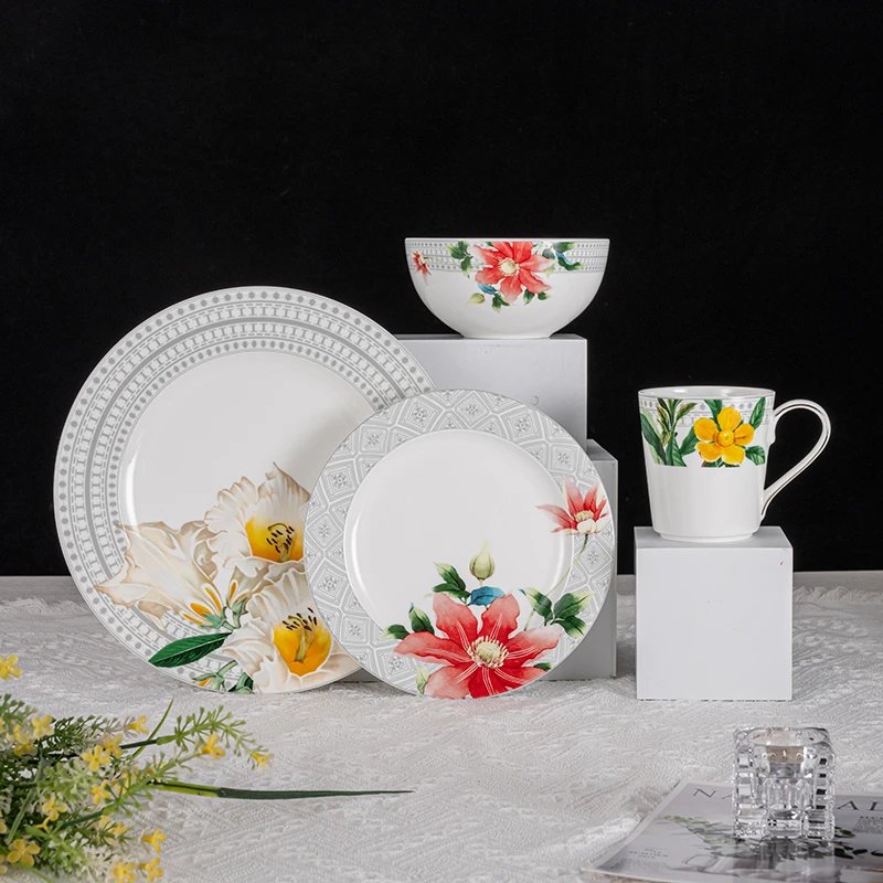 Bone Porcelain White Tableware Embossed BoneChina 48 Pcs Dinner Set Ceramic Tableware Porcelain Plates With Security Certificate
