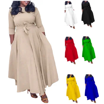 High Quality Autumn Winter Plus Size Dresses Women Casual 3 Quarter Sleeve O-neck Elegant African Church Dress for Women
