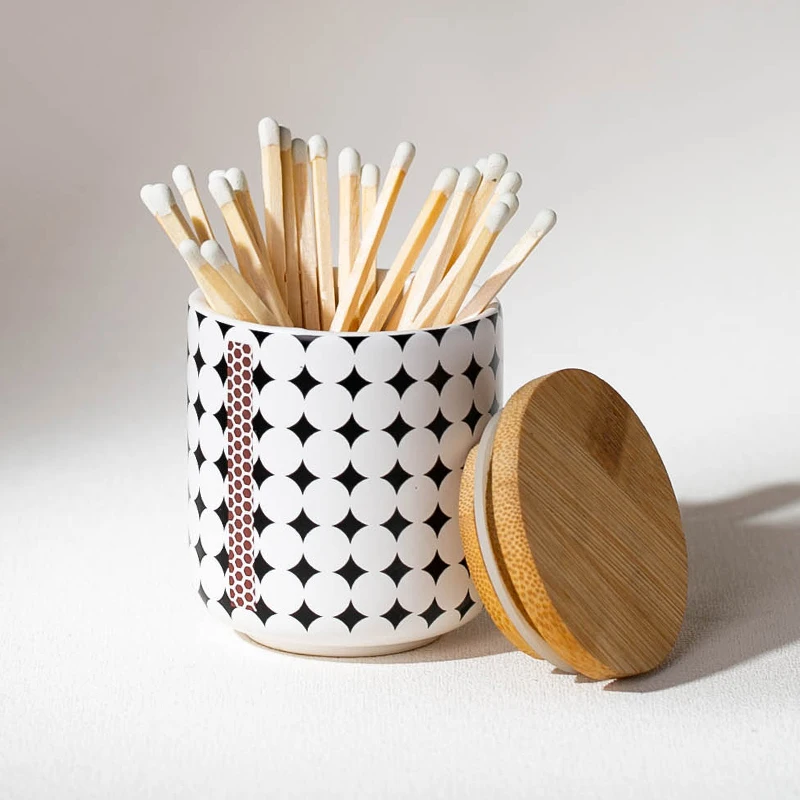 YUANWANG Customized Decal Pattern Ceramic Match Striker With Striker Matchstick Jar With Bamboo Lid