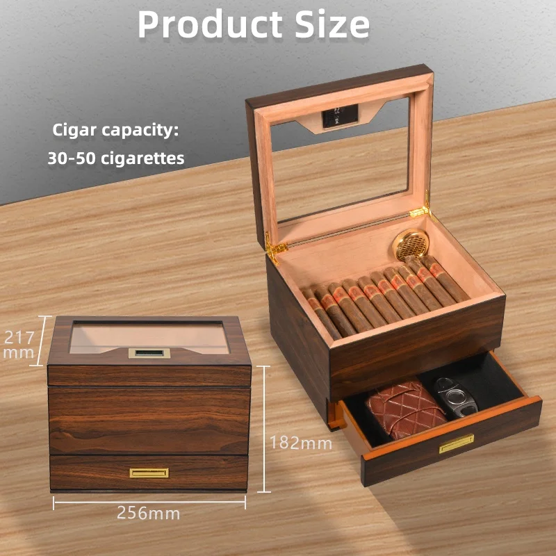 Large Capacity Desktop Cigar Humidor Classic Glass-Top Wooden Storage Box with Modern Design Style for Dubai Gift Box