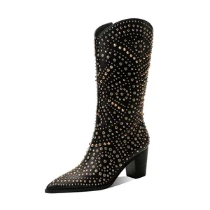 Women's Mid-Calf Cowboy Boots in White Black with Pointed Toe Chunky Heels Rhinestone Decor Knee-High for Winter Autumn Summer