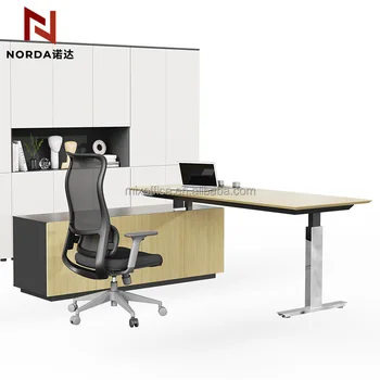 Top Quality ergonomic Height Adjustable Computer Sit Standing Desk Workstation Wooden Style Electric Tables With Cabinet